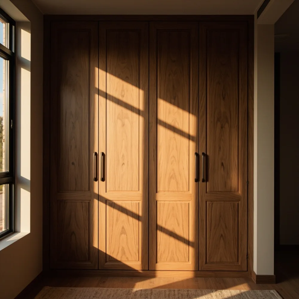 Almari baju kayu walnut gaya Amerika dalam bilik rumah teres Johor Bahru dengan panel Shaker