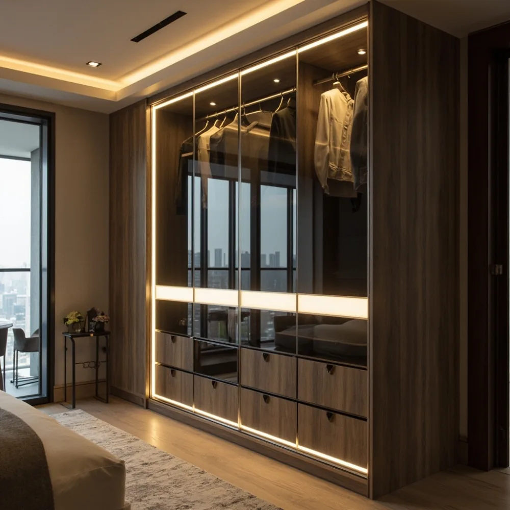 Almari baju postmoden kayu walnut dengan pencahayaan LED dan kaca marah di kondominium tinggi Kuala Lumpur