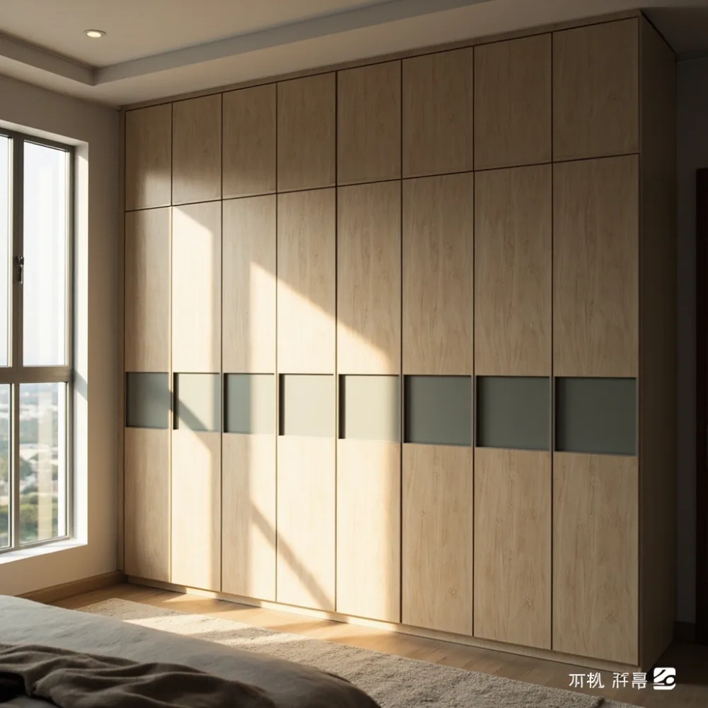 Almari baju postmoden minimalis kayu maple dengan panel kaca terbaja di kondominium Pulau Pinang