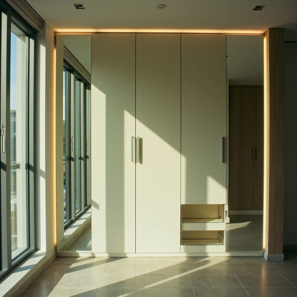 Sistem almari postmodern modular dengan panel cermin dan pencahayaan LED di kondominium Pulau Pinang