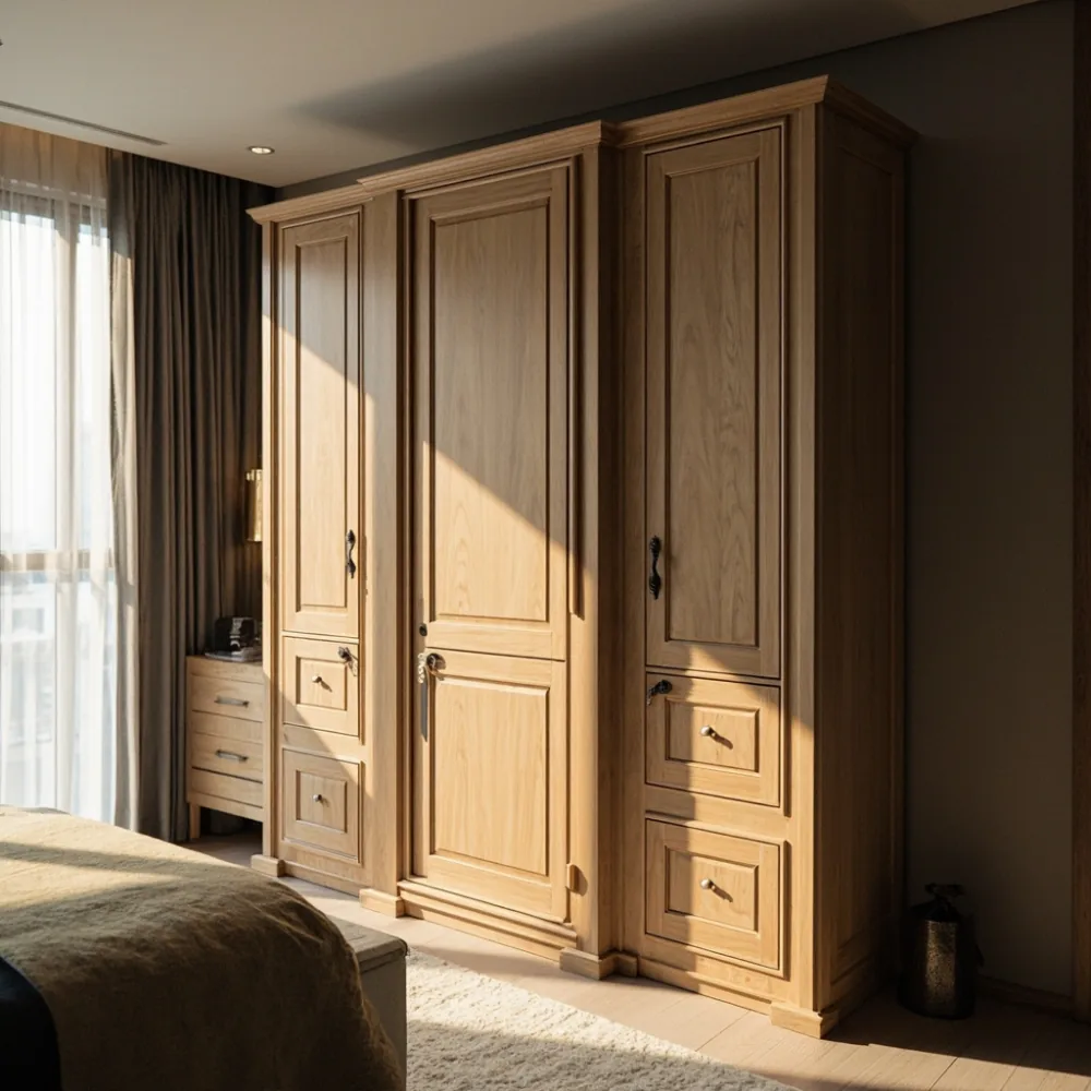 Almari gaya Perancis oak putih dengan panel fluted dalam bilik condominium KLCC