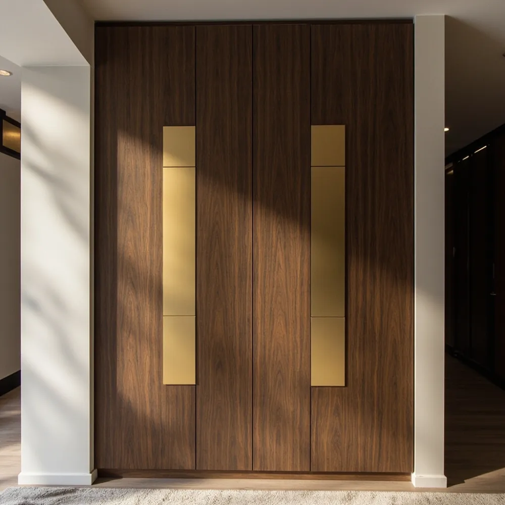 Almari postmoden walnut dengan blok geometri emas matte dalam condominium Mont Kiara