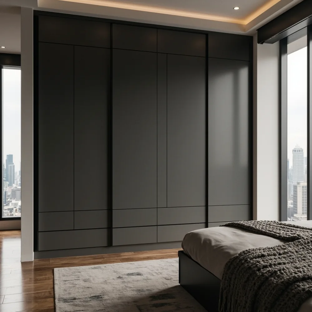 Almari baju mewah postmoden lacquer kelabu arang di bilik tidur utama kondominium Kuala Lumpur dengan cahaya matahari dan lantai walnut