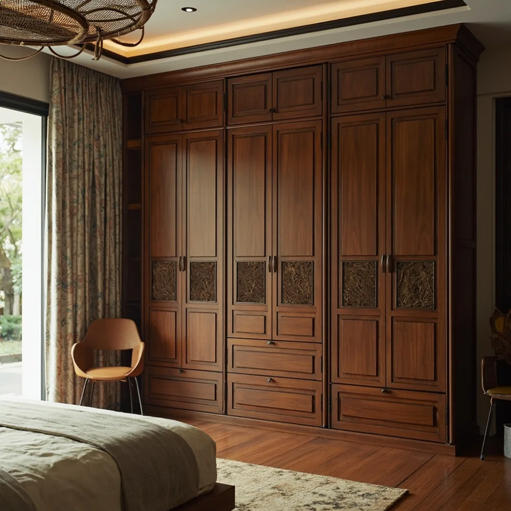 Almari baju mewah gaya Amerika kayu mahogany dengan pintu geser di bilik tidur utama rumah teres Johor Bahru dengan elemen rotan