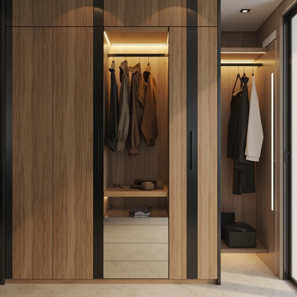 Almari baju postmoden dengan kemasan veneer dan logam hitam di kondominium Johor Bahru