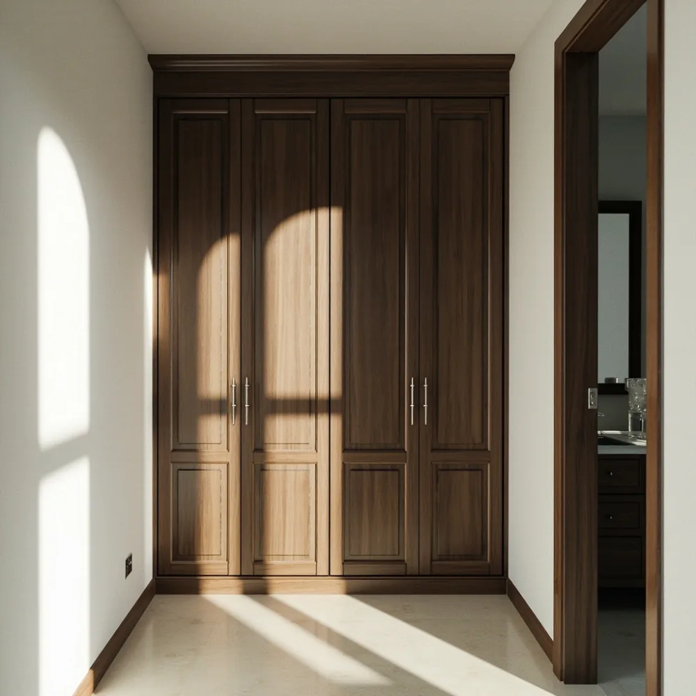 Almari baju kayu oak espresso gaya Amerika di ruang masuk rumah teres Johor Bahru