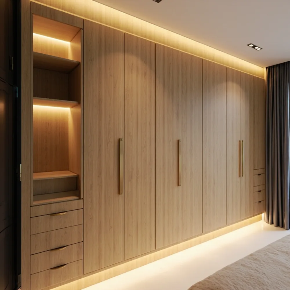 Almari baju pasca moden kayu oak ringan dengan pencahayaan LED di ruang persalinan kondominium Pulau Pinang