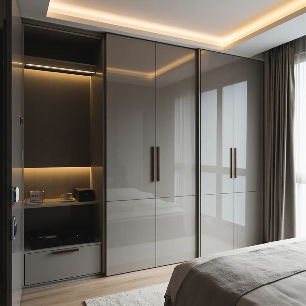Almari lacuer gloss tinggi postmoden 180 cm dengan rel aluminium tersembunyi di bilik tidur kondominium Mont Kiara dengan pencahayaan LED