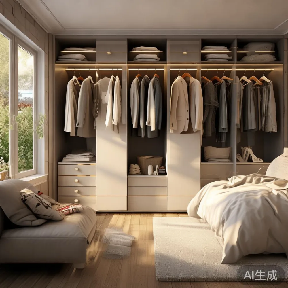Almari baju gaya Amerika moden dalam bilik tidur