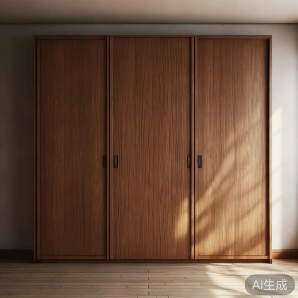 Gambar almari baju kayu pepejal mewah dengan pintu bergerak di interior rumah modern