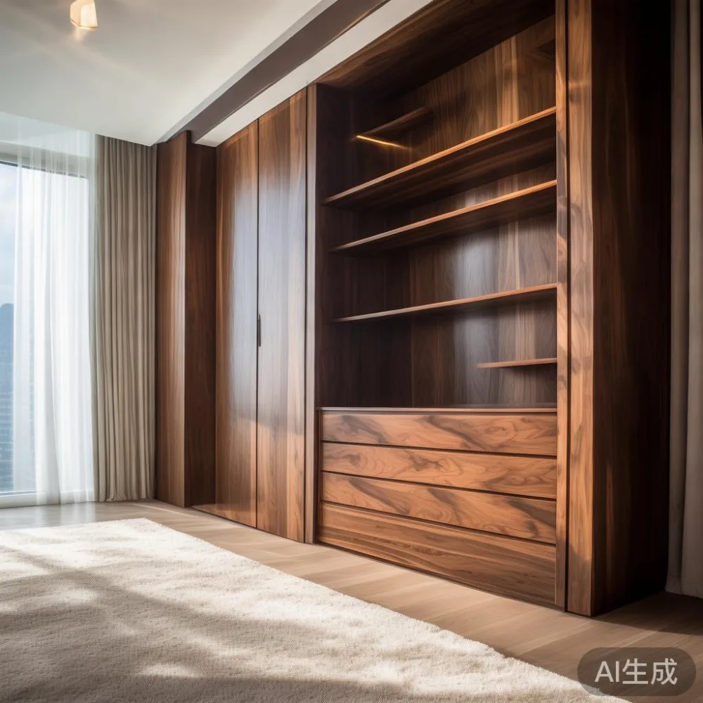 Gambar almari baju kayu bespoke dengan rak dan kas di ruang tamu condominium kelas tinggi