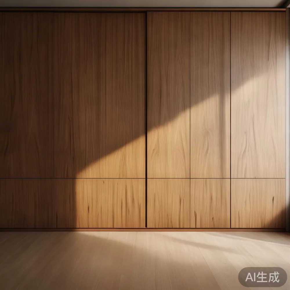 Gambar almari baju mewah kayu pepejal dengan pintu gelung di interior rumah modern