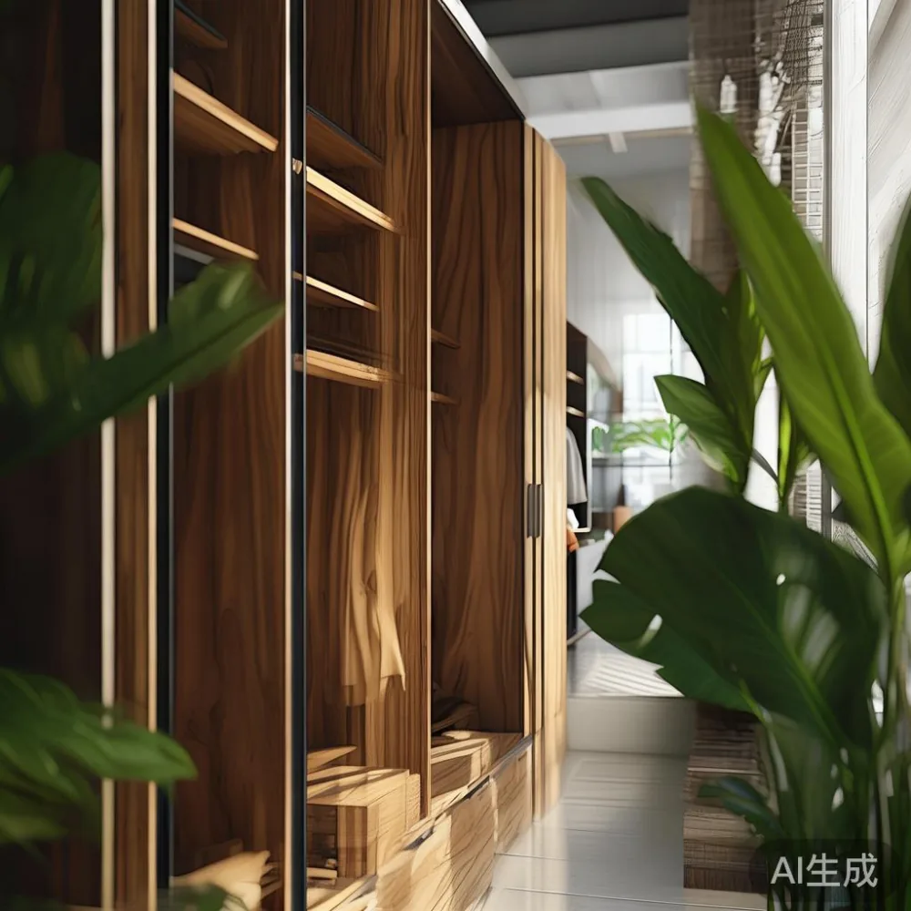 Wardrobe My terbuka dengan rak laras dan cermin terintegrasi dalam apartmen Pulau Pinang, dikelilingi tumbuhan tropika