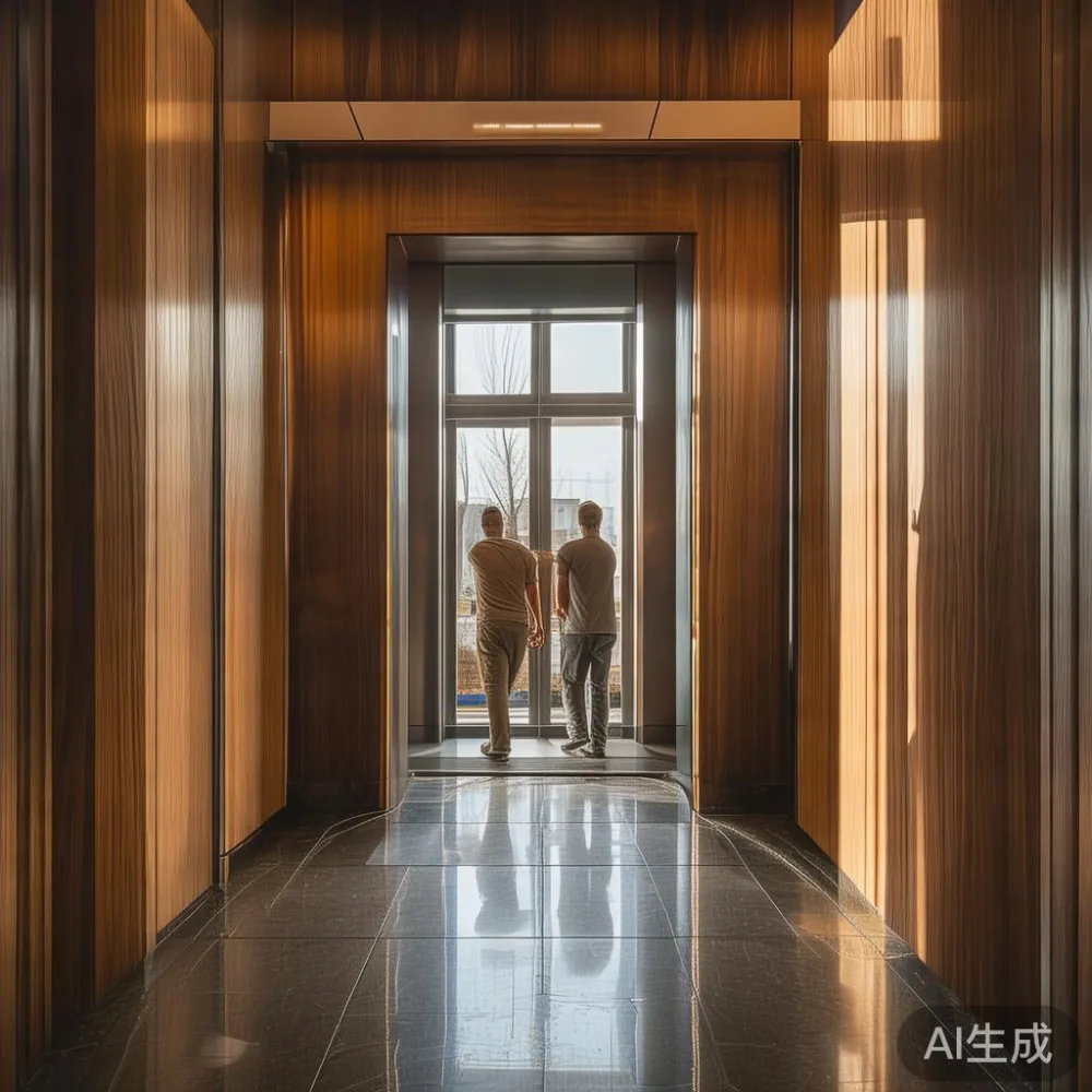 Panel almari kayu oak di laluan lif kondominium