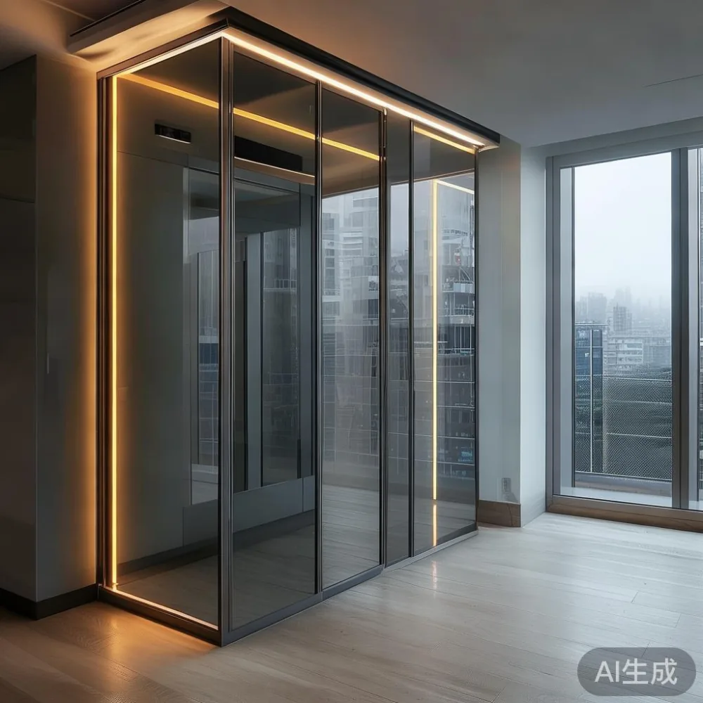 Almari post‑modern berbingkai logam, pintu kaca, serta lampu LED di apartmen Pulau Pinang