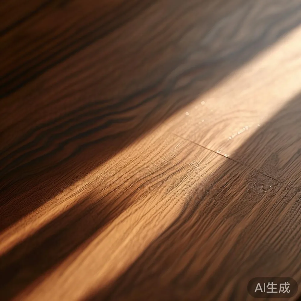 Detail tekstur kayu walnut pada pintu almari dengan pegangan logam minimalis