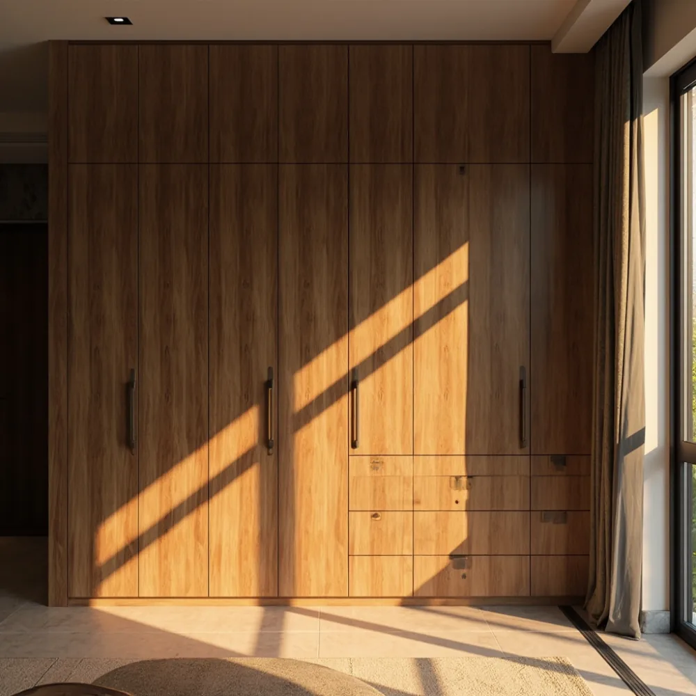 Walk-in wardrobe gaya Amerika kemasan walnut dalam rumah teres Johor Bahru dengan cahaya petang yang hangat.