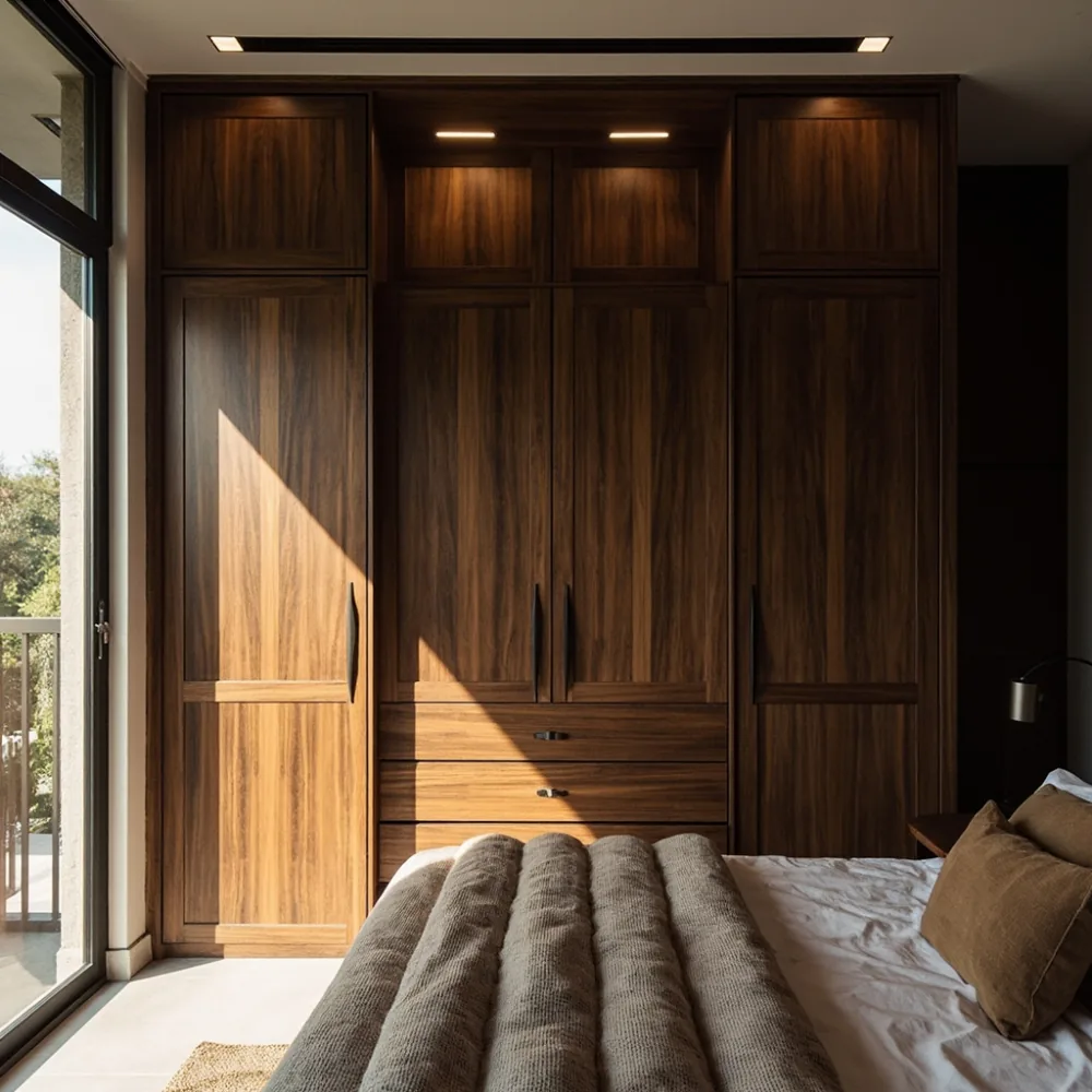 Wardrobe gaya Amerika moden kemasan walnut gelap dengan pencahayaan LED dalaman di teres Johor Bahru