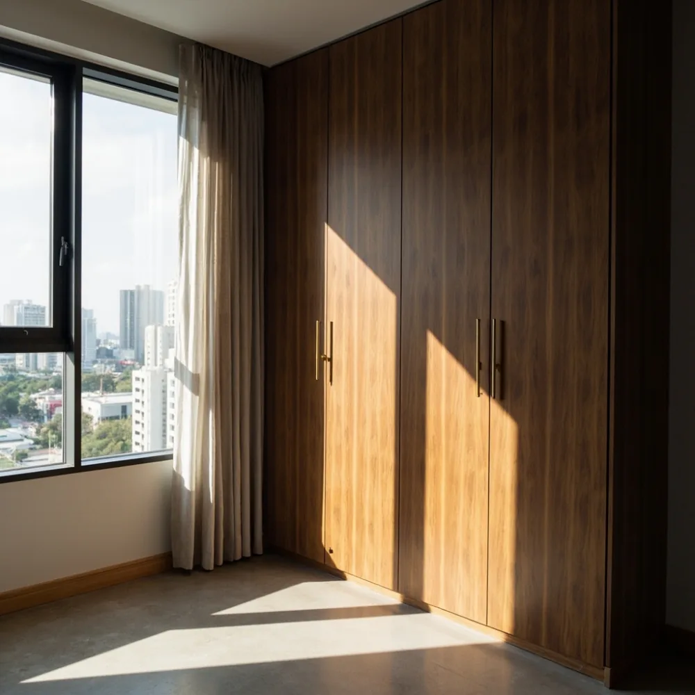 Almari walnut tiga pintu dalam bilik tidur kondominium KL dengan cahaya pagi