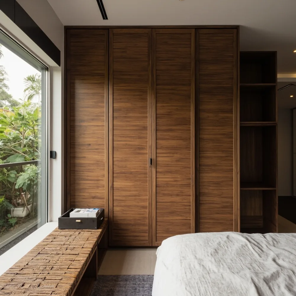 Almari gaya Amerika walnut dengan pintu gelangsar di rumah teres JB