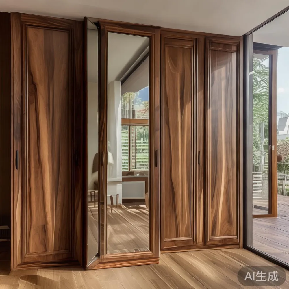 Almari baju gaya Amerika kemasan walnut di bilik tidur teres Johor Bahru
