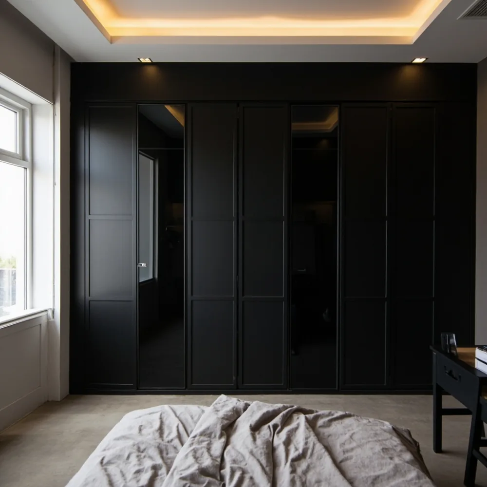 Almari postmoden matte hitam dengan pintu kaca di rumah teres kontemporari Johor Bahru