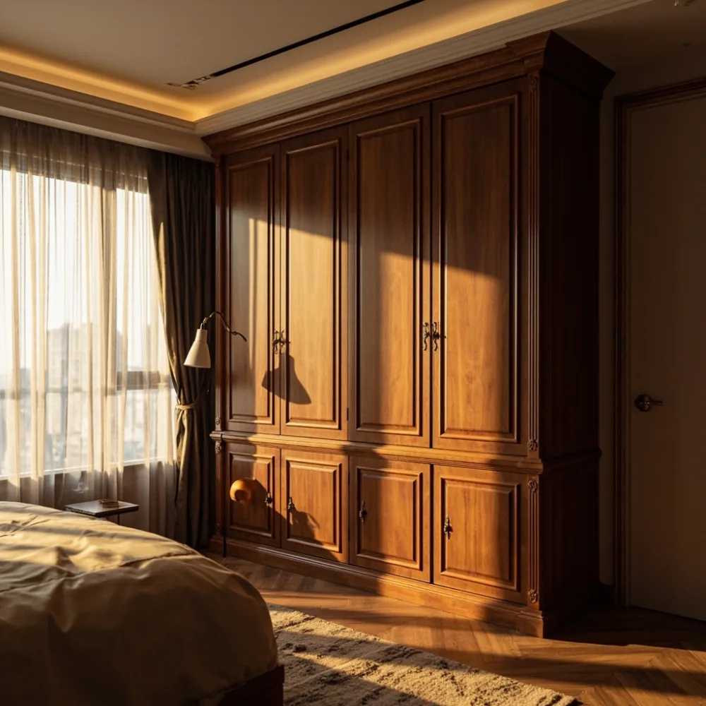 Wardrobe my gaya Perancis mewah di kondominium Kuala Lumpur dengan kemasan mahogany dan ukiran tangan klasik