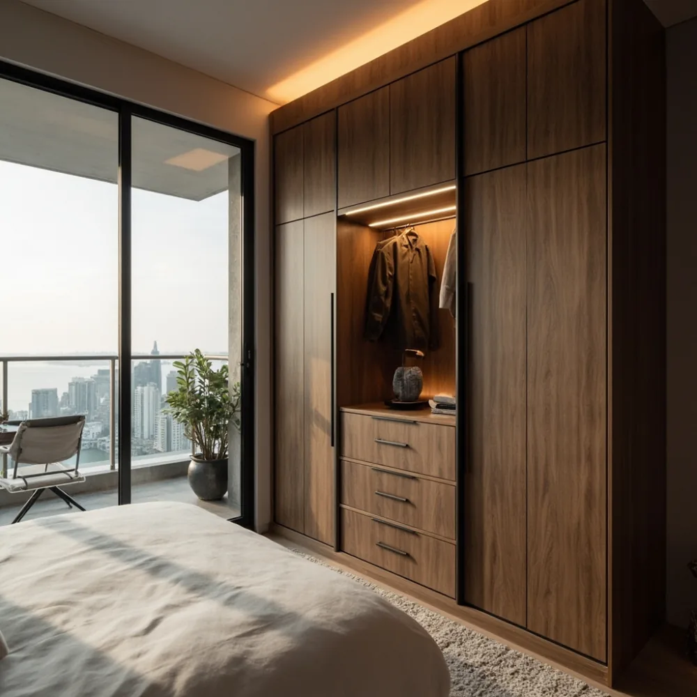 Wardrobe my postmoden walnut dengan pencahayaan LED di kondominium Pulau Pinang bersebelahan balkoni laut