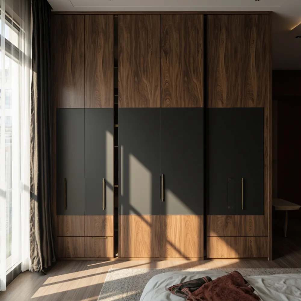 Almari postmoden walnut matte charcoal di bilik kondominium Kuala Lumpur