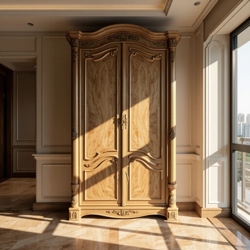 Almari baju mewah gaya Perancis kayu oak di kondominium KL dengan dinding beige hangat