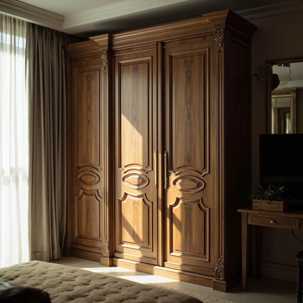 Almari baju mewah Perancis tiga pintu kayu walnut pepejal di bilik tidur kondominium Kuala Lumpur