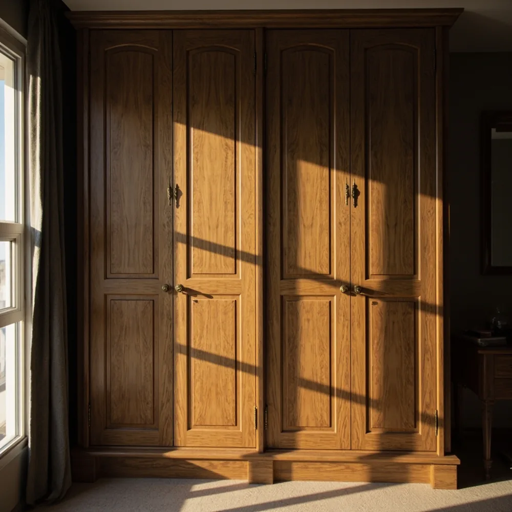 Almari baju mewah Amerika empat pintu kayu oak pepejal dengan panel crown molding di teres Johor Bahru