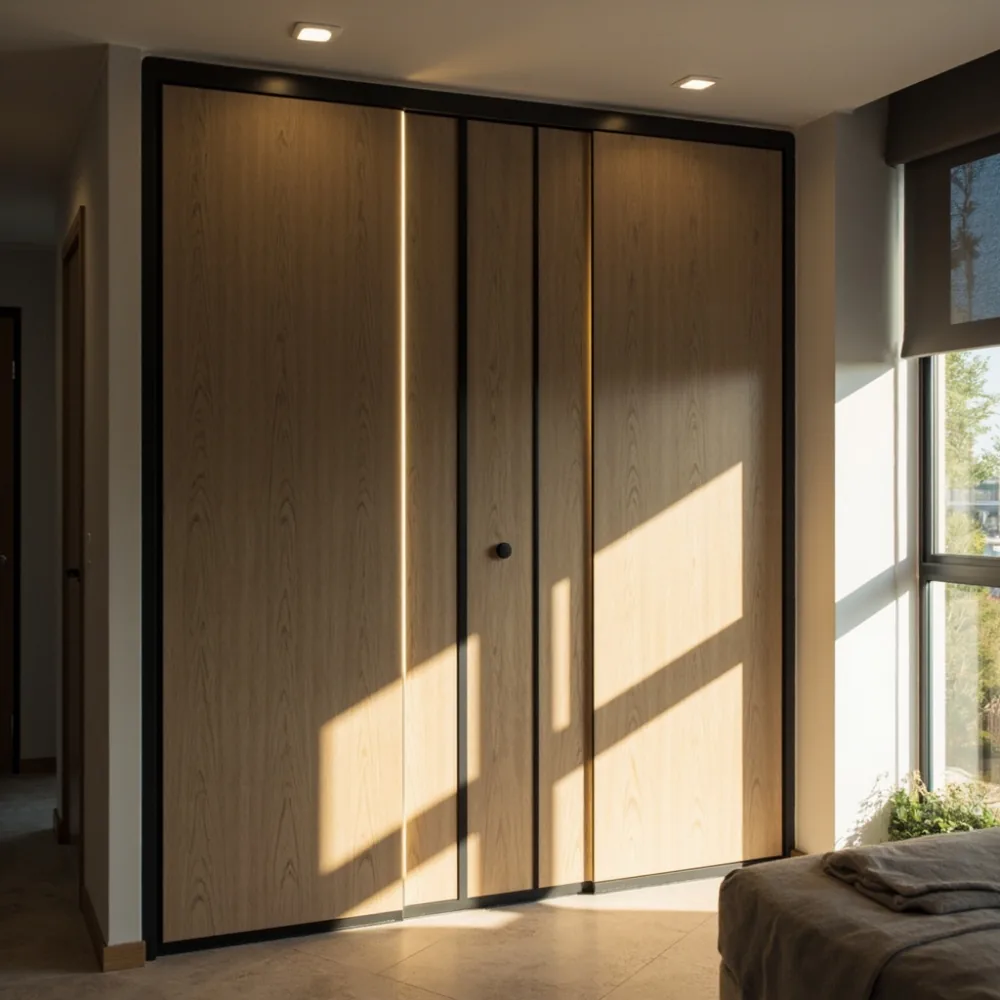 Almari baju postmoden dua pintu kayu oak dengan frame logam hitam matte dan pencahayaan LED di kondominium Pulau Pinang