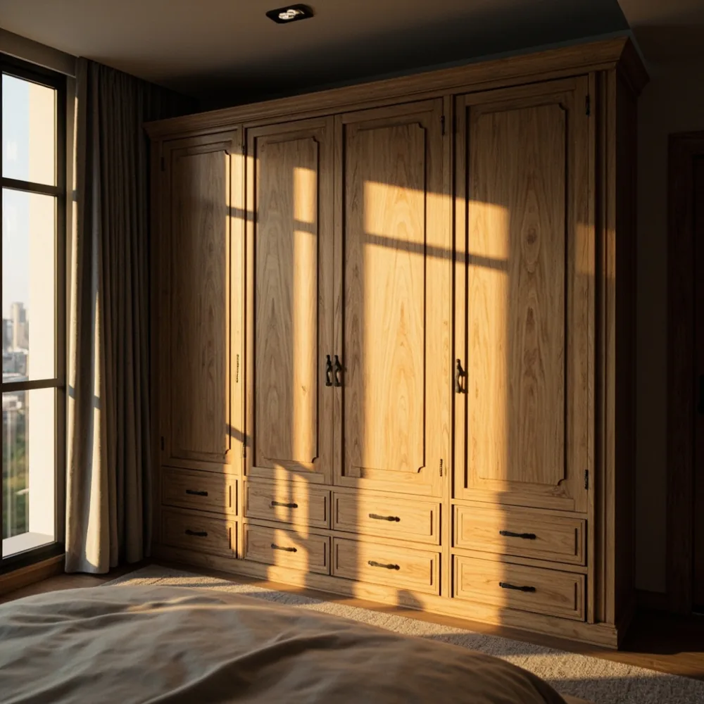 Almari baju mewah gaya Perancis kayu oak pepejal di bilik tidur kondominium Kuala Lumpur dengan pencahayaan golden hour