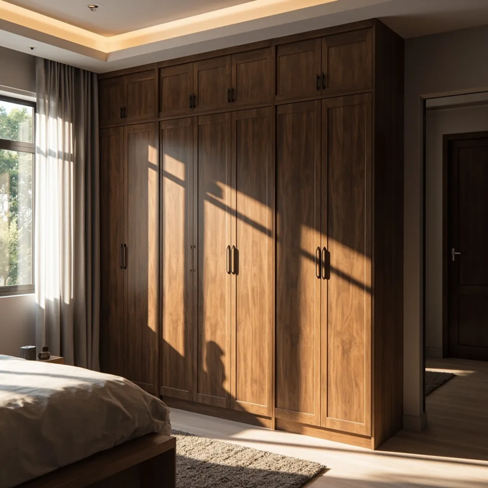 Almari baju Amerika empat pintu kemasan walnut Veneer di rumah teres Johor Bahru dengan cahaya tingkap semula jadi