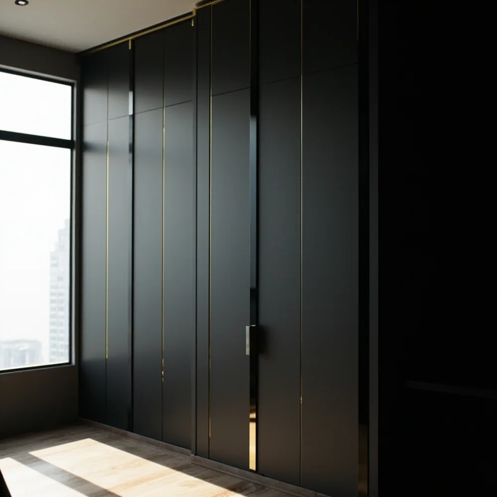 Almari baju mewah postmoden matte black dengan aksen brass dalam kondominium Kuala Lumpur