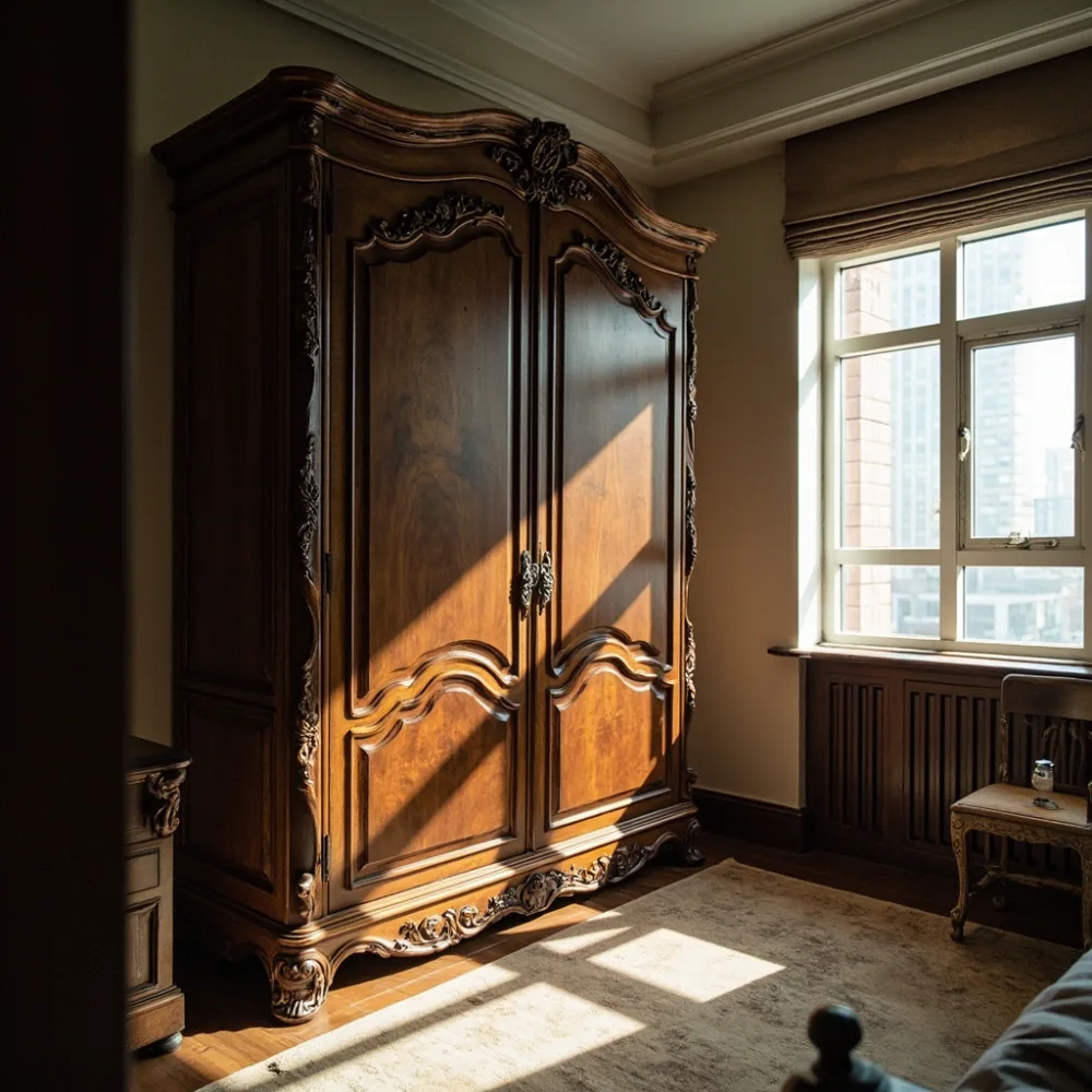 Almari baju Perancis Louis XV kayu walnut di bilik utama kondominium Kuala Lumpur dengan cahaya pagi