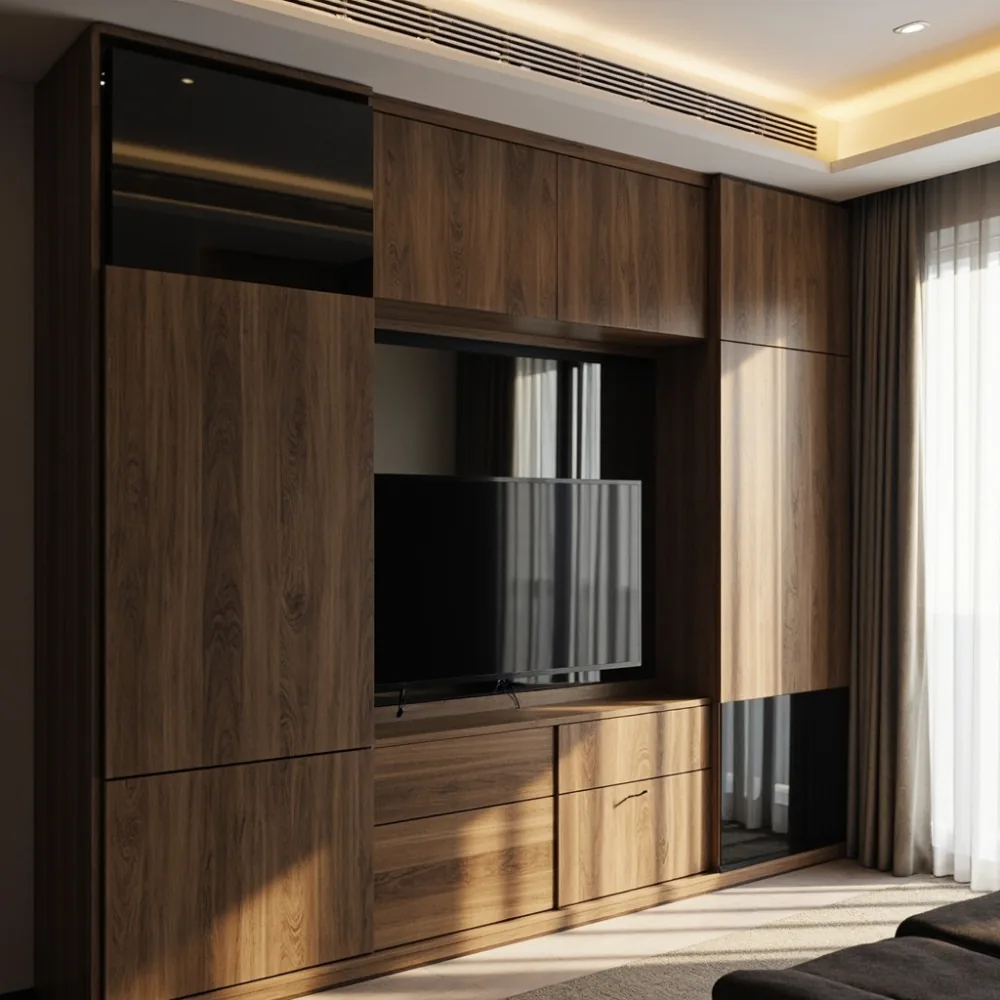 Almari baju postmoden asimetri kayu walnut dan kaca asap di suite utama teres Johor Bahru dengan pencahayaan LED