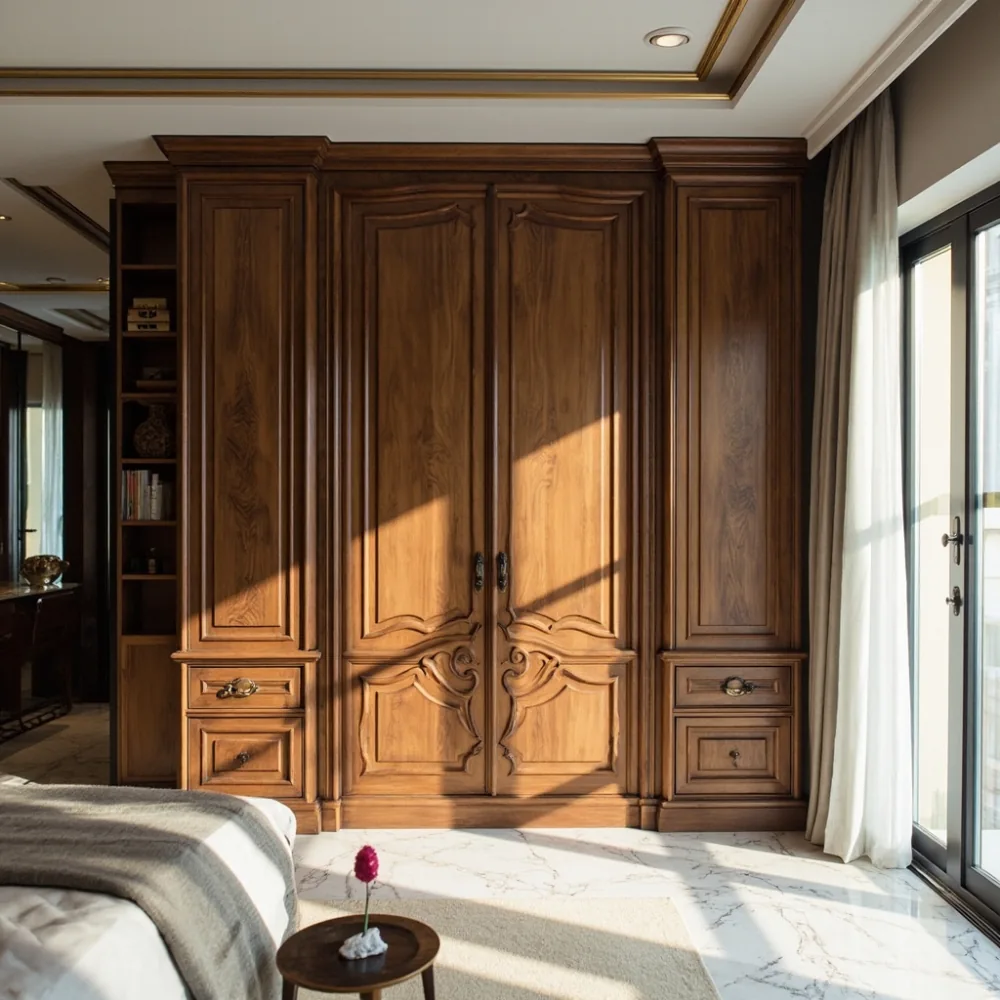 Almari baju mewah gaya Perancis berwarna walnut dengan ukiran cornice emas di bilik tidur kondominium Kuala Lumpur