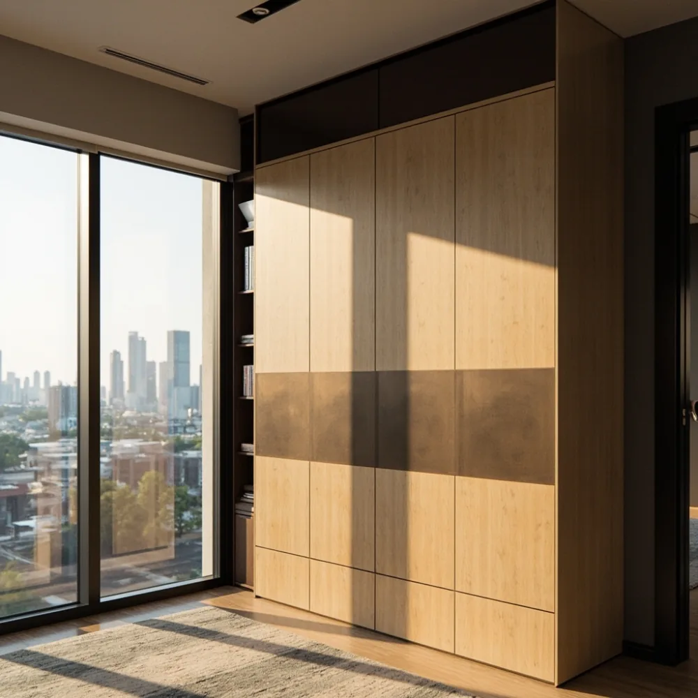 Almari baju postmoden maple dengan panel logam gangsa di suite utama rumah teres Johor Bahru