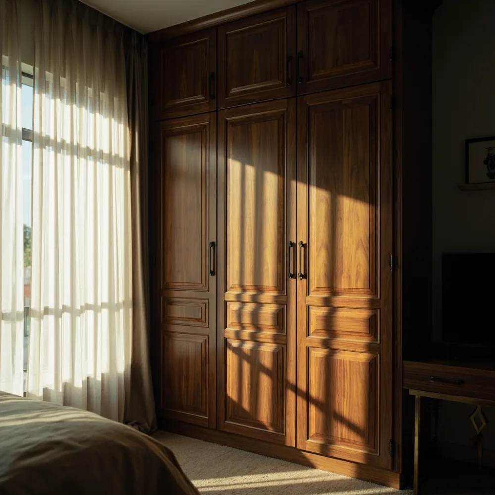 Almari baju Amerika walnut pekat dalam bilik tidur rumah teres Johor Bahru