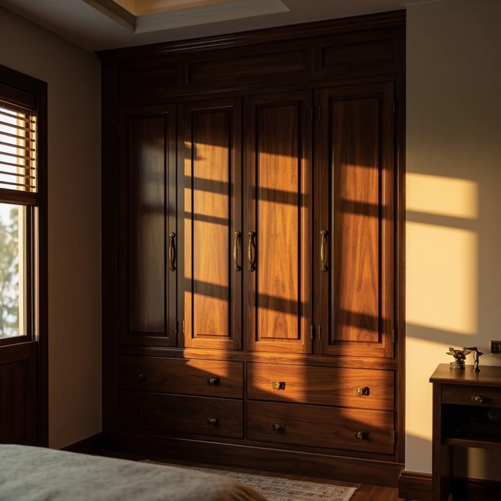Almari kayu mewah gaya Amerika klasik dengan crown molding di rumah teres Johor Bahru