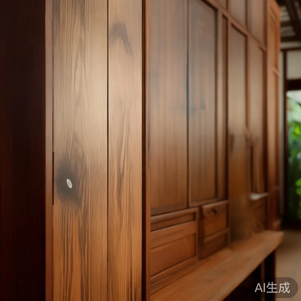 Kelembapan Asia Tenggara dan Kesannya ke Atas Perabot Kayu Pepejal: Pa — close-up of the grain and joinery detail, shallo